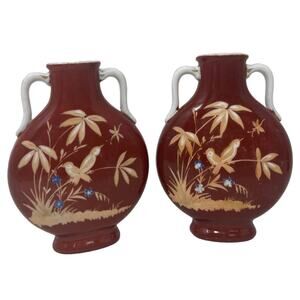 RARE! Pair Flambe OXBLOOD Red Chinese Porcelain Bird Vase ~Vintage